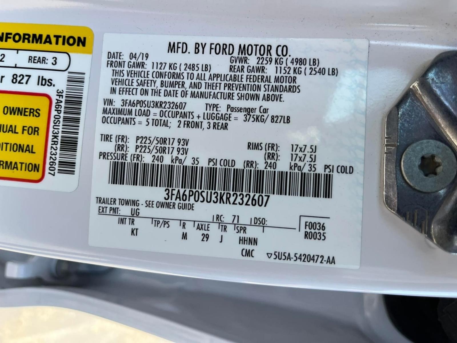 2019 WHITE Ford Fusion Energi Titanium (3FA6P0SU3KR) with an 2.0L L4 DOHC 16V HYBRID engine, CVT transmission, located at 744 E Miner Ave, Stockton, CA, 95202, (209) 944-5770, 37.956863, -121.282082 - 103 MPGe MPGe:Miles per Gallon Equivalent 1 gallon of gasoline=33.7 kWh - Photo #14